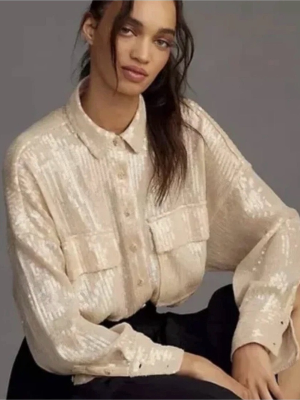 Pilcro Gold Sequin Button Front Blouse - Picture 6 of 13